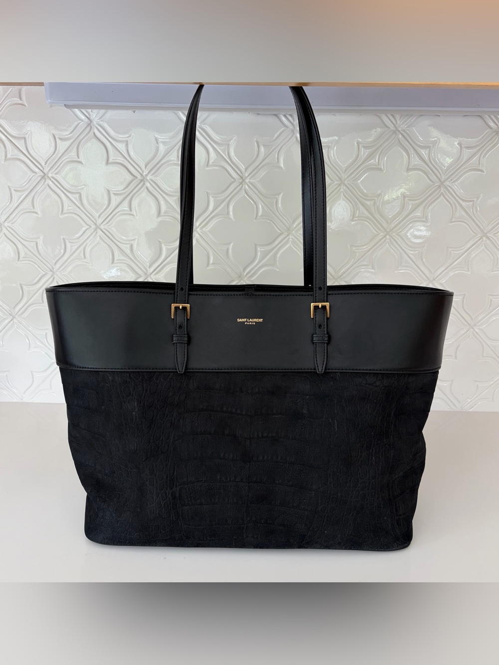 Saint Laurent Medium Leather-Trimmed Croc-Effect Suede Tote Bag
